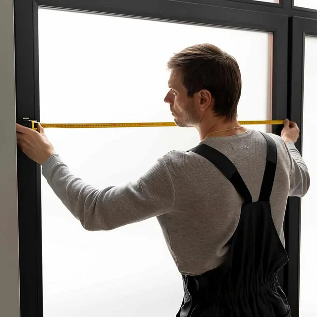 Håndverker måler bredde på stort vindu med målebånd.